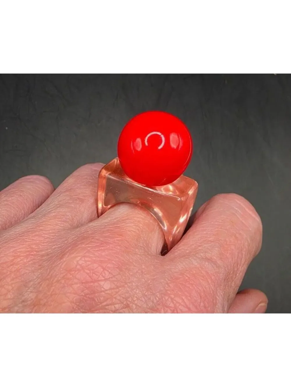 Y2K Resin Ring with Red Bead and Pink Square Band Size Fits